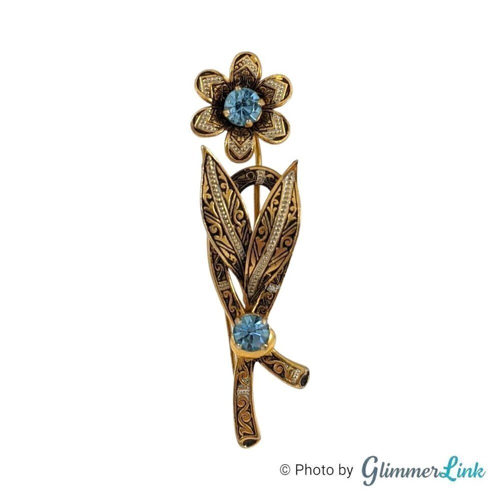 Vintage Damascene Style Floral Blue Rhinestones Gold Tone Brooch